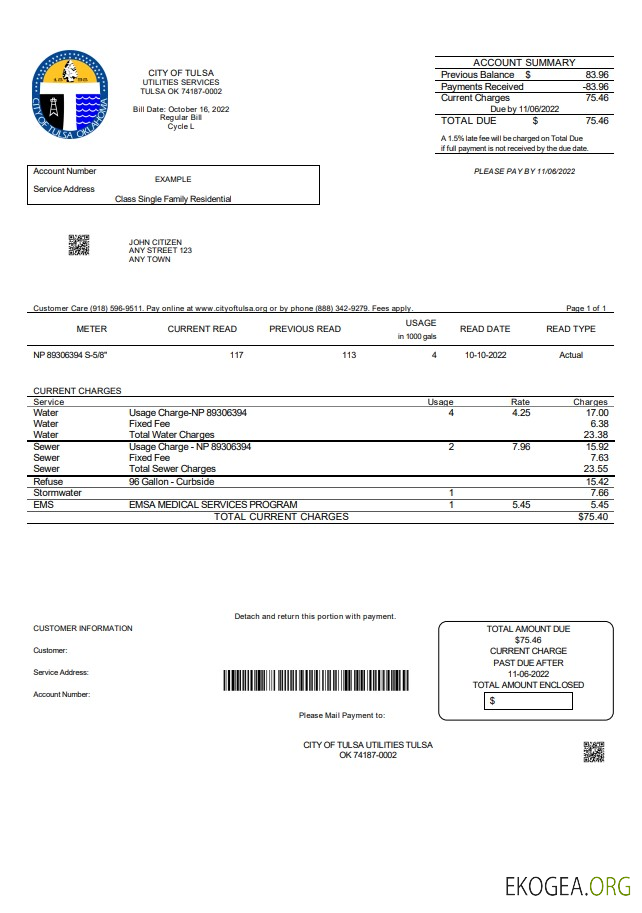 USA Oklahoma City of Tulsa utility bill template in Word and PDF format